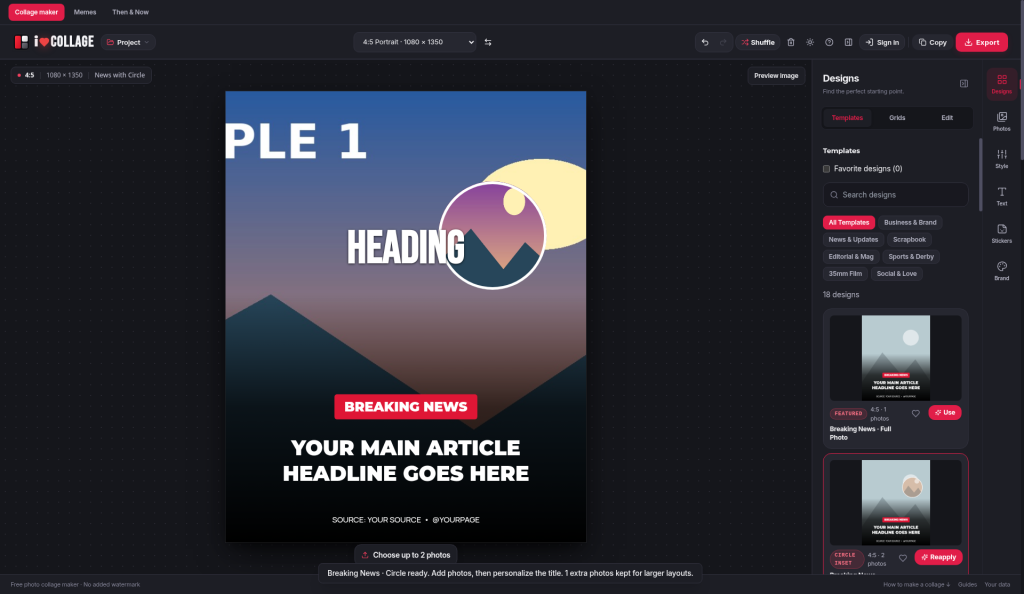 Screenshot of ilovecollage during testing